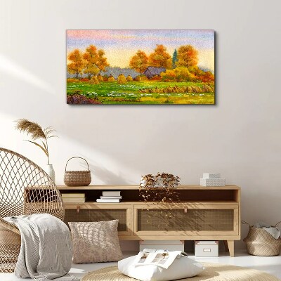 Autumn village with orchard and stacks Canvas wall art