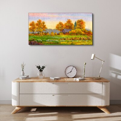 Autumn village with orchard and stacks Canvas wall art