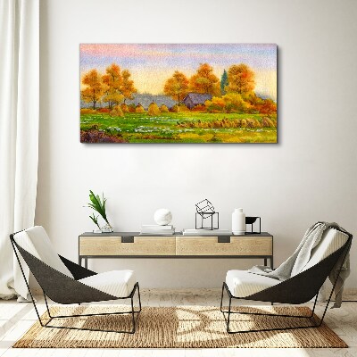Autumn village with orchard and stacks Canvas wall art