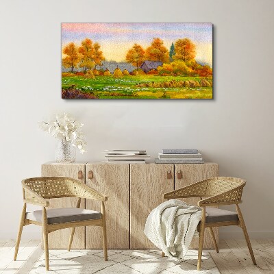 Autumn village with orchard and stacks Canvas wall art