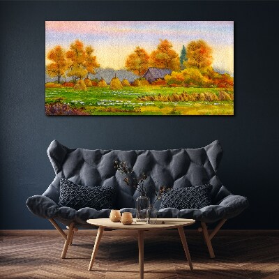 Autumn village with orchard and stacks Canvas wall art
