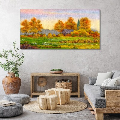 Autumn village with orchard and stacks Canvas wall art