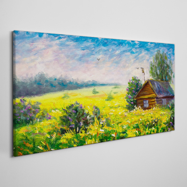 Summer landscapes with a cottage in the field Canvas wall art
