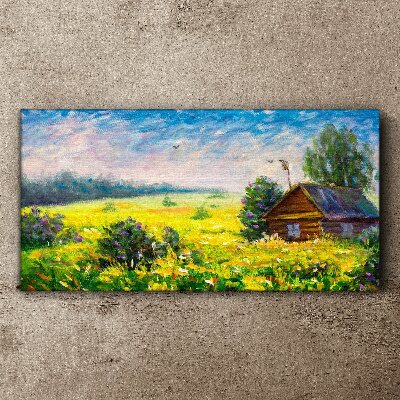Summer landscapes with a cottage in the field Canvas wall art
