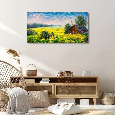 Summer landscapes with a cottage in the field Canvas wall art