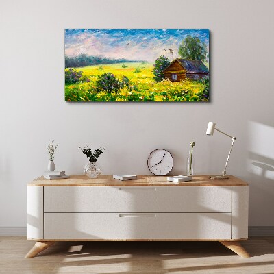 Summer landscapes with a cottage in the field Canvas wall art
