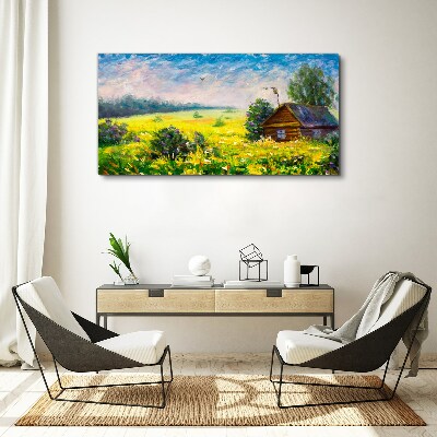 Summer landscapes with a cottage in the field Canvas wall art
