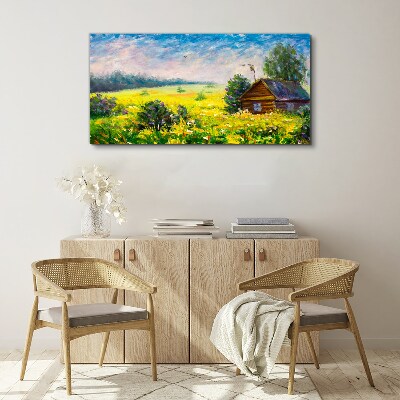 Summer landscapes with a cottage in the field Canvas wall art