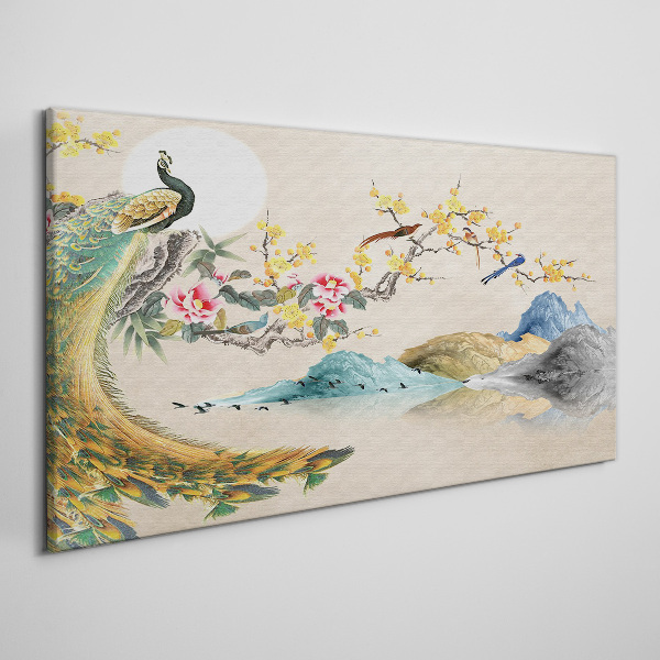 Peacock in Blooming Landscape Print on canvas