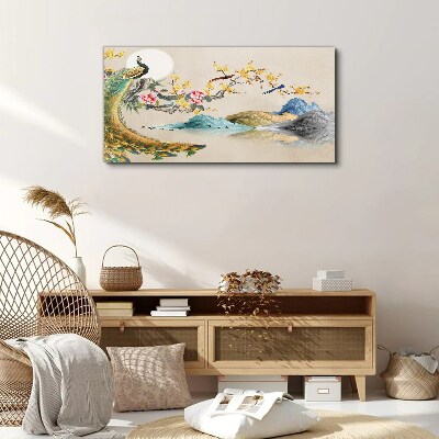 Peacock in Blooming Landscape Print on canvas