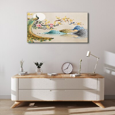 Peacock in Blooming Landscape Print on canvas