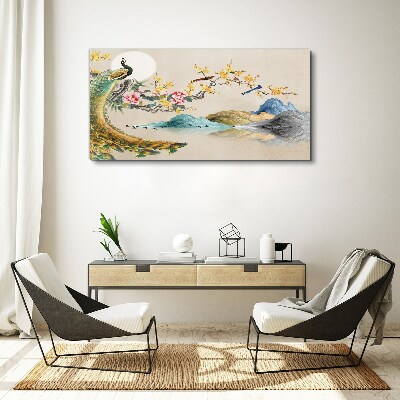 Peacock in Blooming Landscape Print on canvas