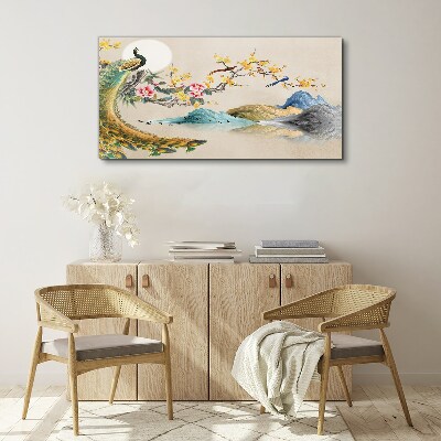 Peacock in Blooming Landscape Print on canvas