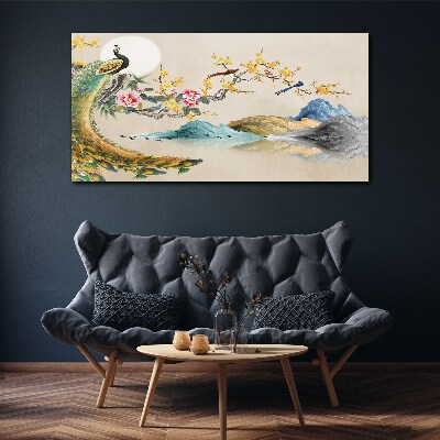Peacock in Blooming Landscape Print on canvas