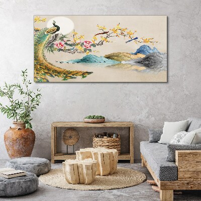 Peacock in Blooming Landscape Print on canvas