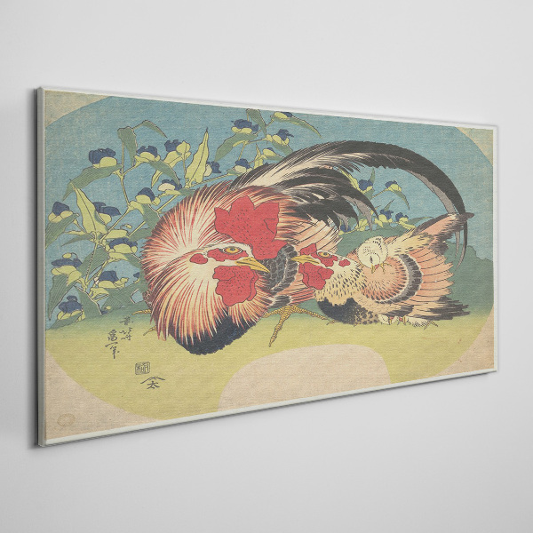 Rooster and chicken in the garden Print on canvas