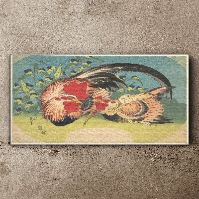 Rooster and chicken in the garden Print on canvas