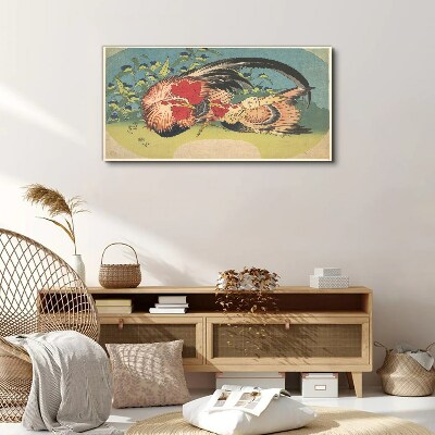 Rooster and chicken in the garden Print on canvas
