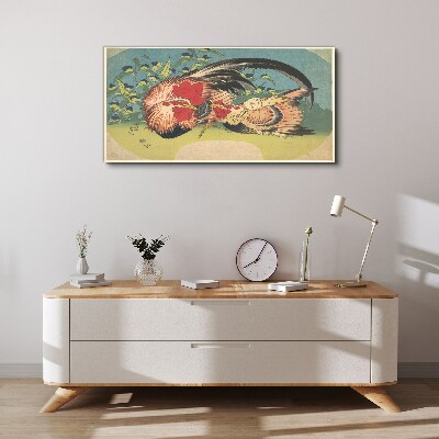 Rooster and chicken in the garden Print on canvas