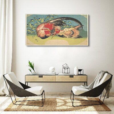 Rooster and chicken in the garden Print on canvas