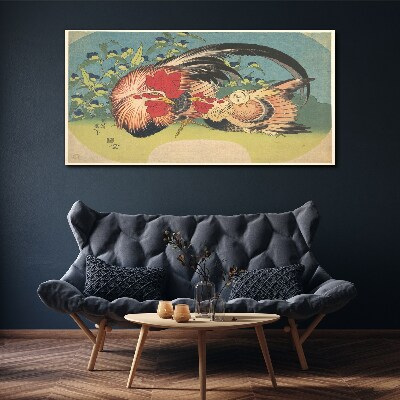 Rooster and chicken in the garden Print on canvas