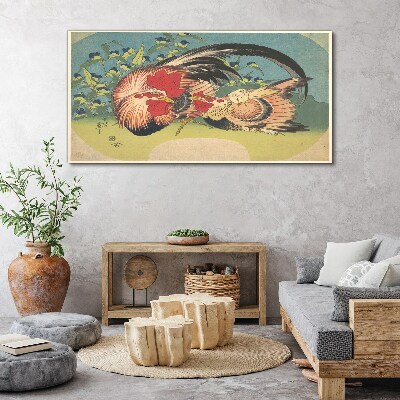 Rooster and chicken in the garden Print on canvas