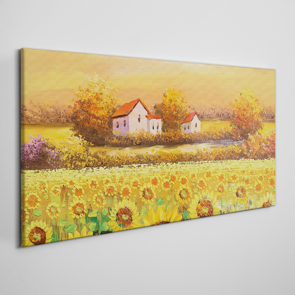 Sunflower fields and village houses Canvas wall art