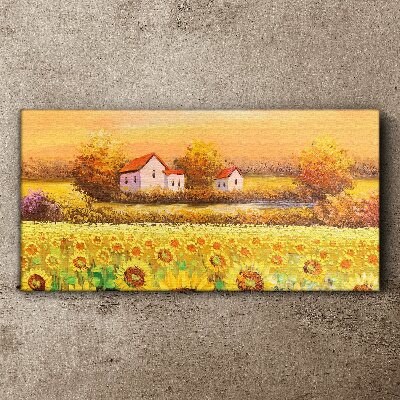 Sunflower fields and village houses Canvas wall art