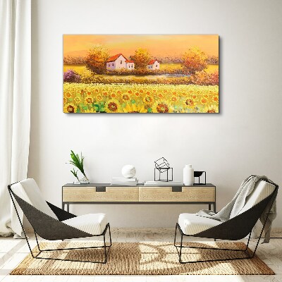Sunflower fields and village houses Canvas wall art