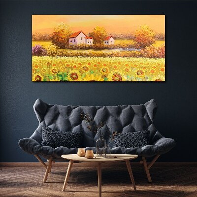 Sunflower fields and village houses Canvas wall art
