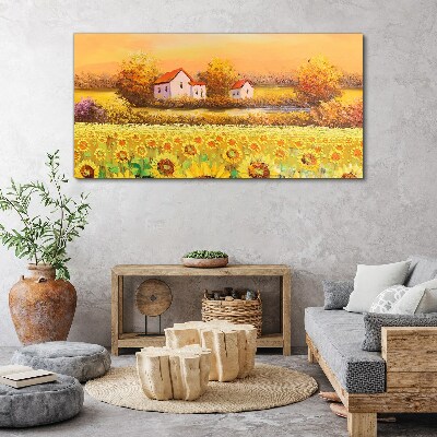 Sunflower fields and village houses Canvas wall art