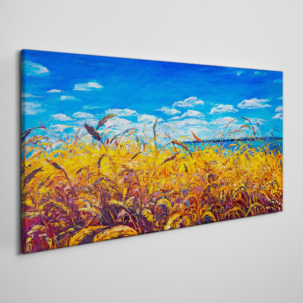 Golden fields under blue sky Canvas wall art