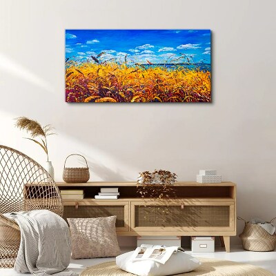 Golden fields under blue sky Canvas wall art