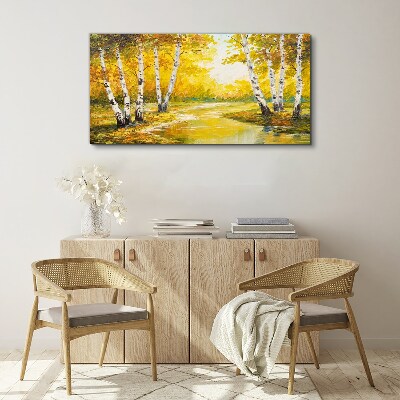 Golden autumn among the birches Canvas wall art