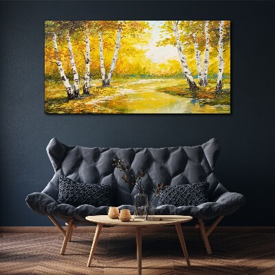 Golden autumn among the birches Canvas wall art