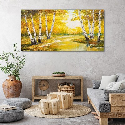 Golden autumn among the birches Canvas wall art