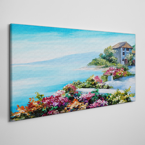 Seaside landscape with flowers Canvas wall art