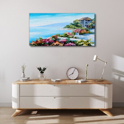 Seaside landscape with flowers Canvas wall art