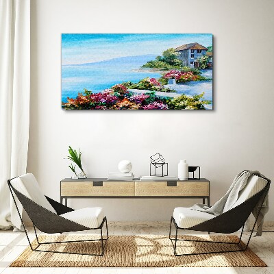 Seaside landscape with flowers Canvas wall art