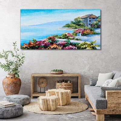 Seaside landscape with flowers Canvas wall art
