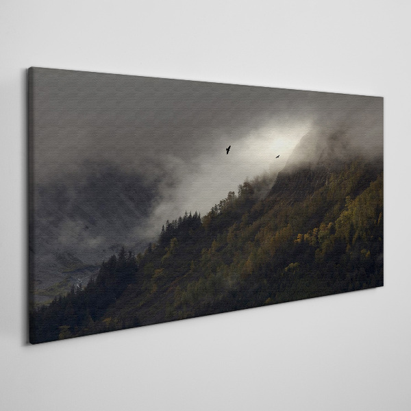 Misty mountain panorama with birds Print on canvas