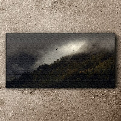 Misty mountain panorama with birds Print on canvas