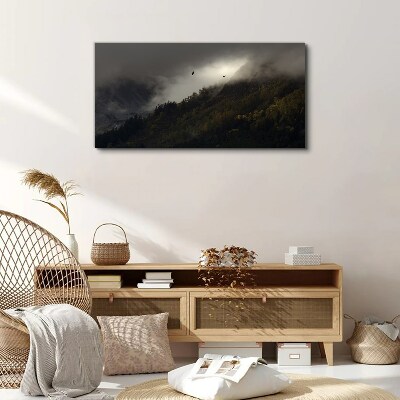Misty mountain panorama with birds Print on canvas