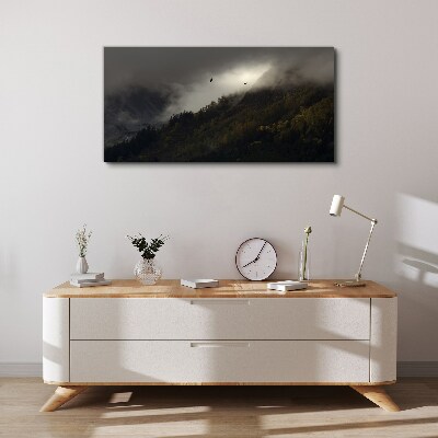 Misty mountain panorama with birds Print on canvas