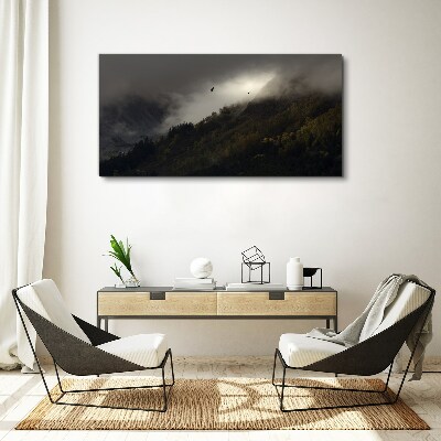 Misty mountain panorama with birds Print on canvas