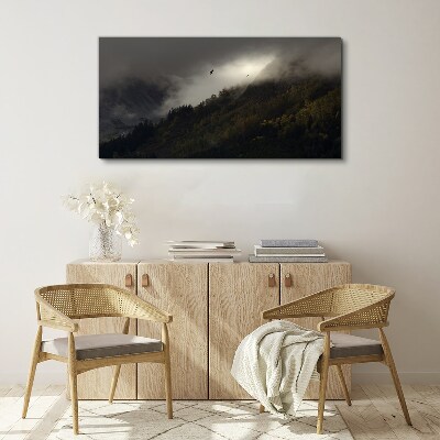 Misty mountain panorama with birds Print on canvas
