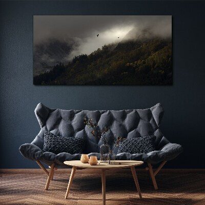 Misty mountain panorama with birds Print on canvas