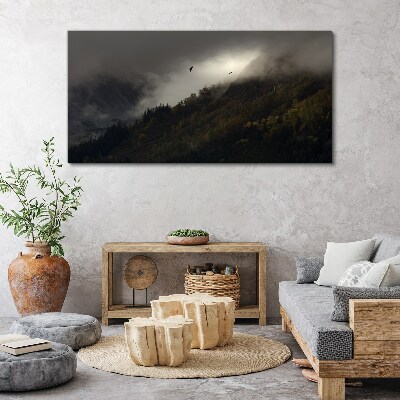 Misty mountain panorama with birds Print on canvas