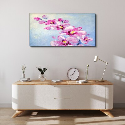 Pink orchids on a blue background Canvas wall art
