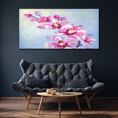 Pink orchids on a blue background Canvas wall art